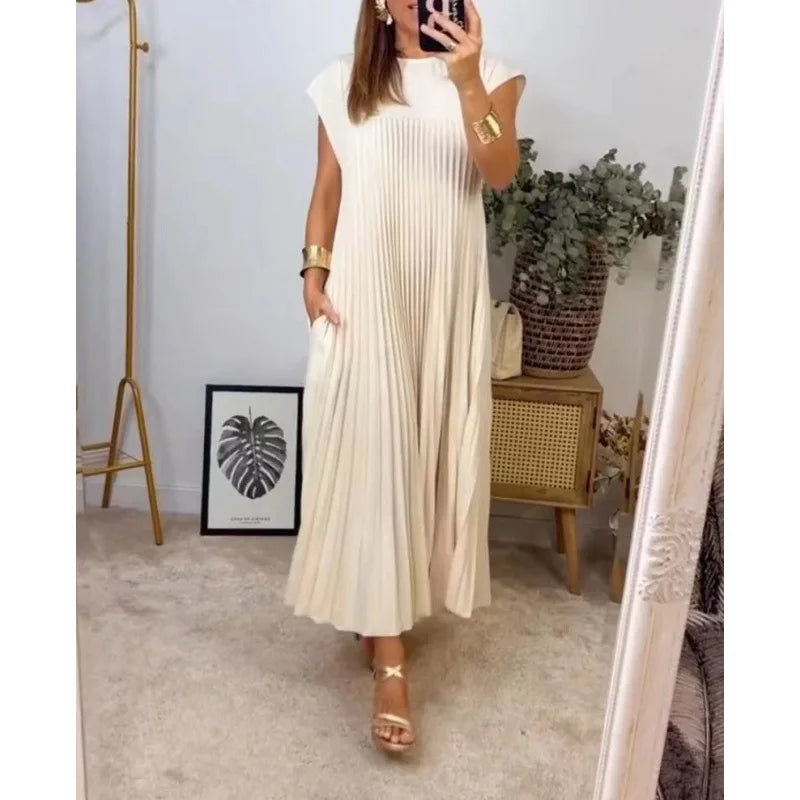 Pleated Dresses O Neck Pullover Dress Women Sexy Vestidos Solid Casual Dress Ankle Length Loose Fit Pockets 2024 Summer Folds
