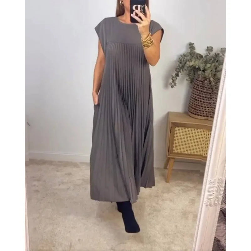 Pleated Dresses O Neck Pullover Dress Women Sexy Vestidos Solid Casual Dress Ankle Length Loose Fit Pockets 2024 Summer Folds