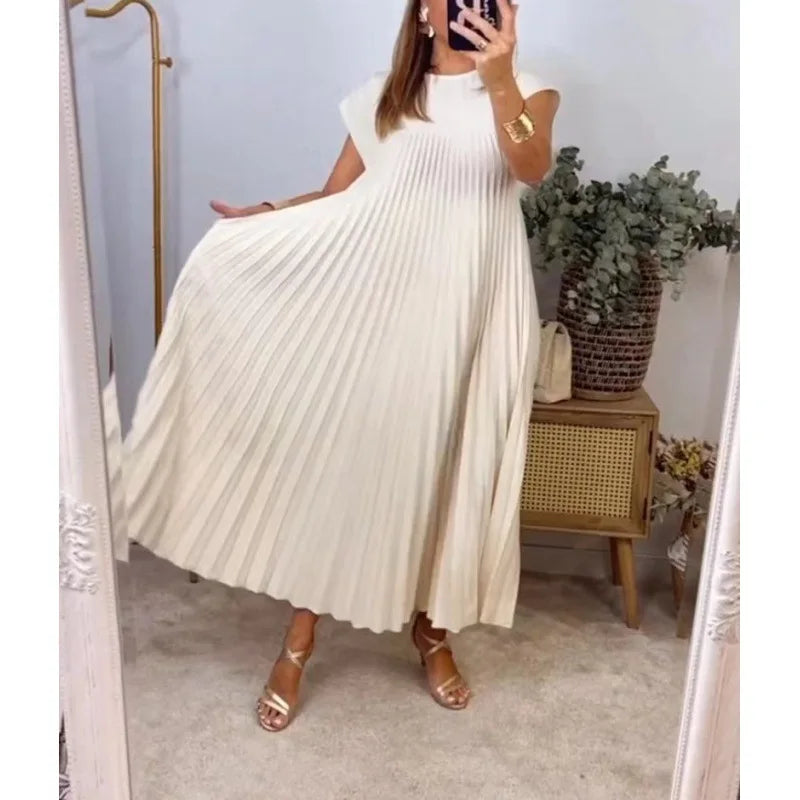 Pleated Dresses O Neck Pullover Dress Women Sexy Vestidos Solid Casual Dress Ankle Length Loose Fit Pockets 2024 Summer Folds
